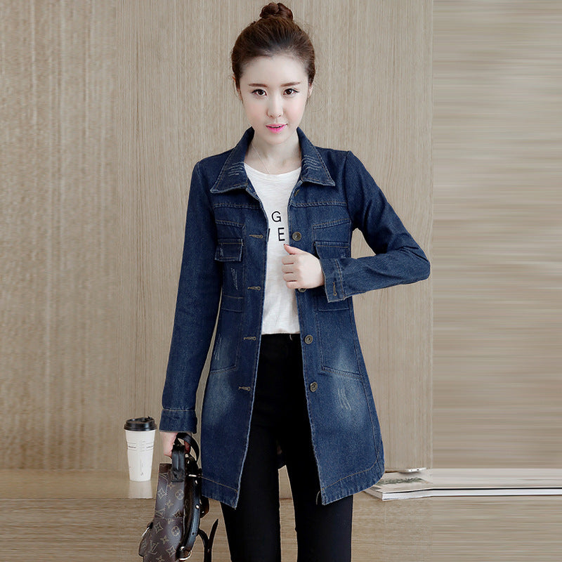 Real shot 2024 autumn new Korean version slim-fitting long-sleeved denim jacket women's single-breasted medium and long trench coat top