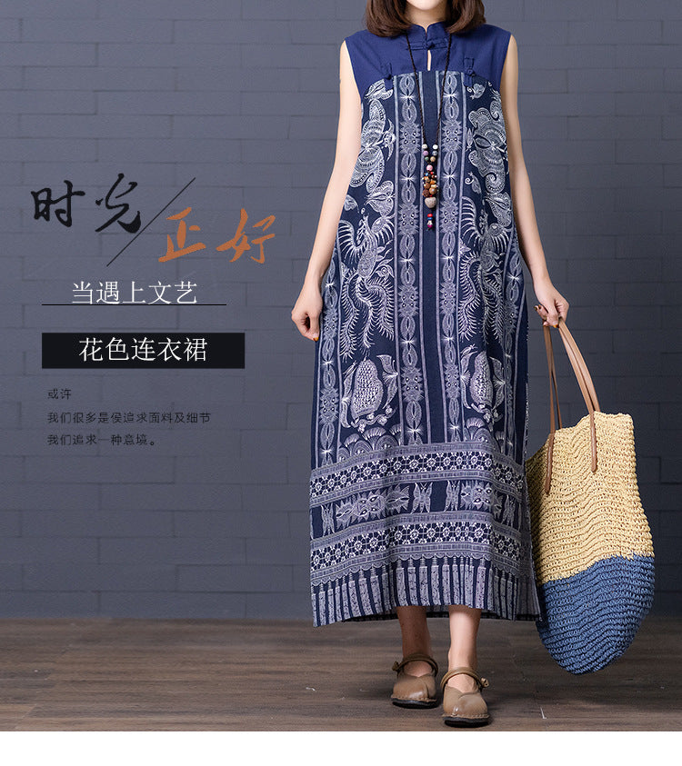 Real shot 2024 summer new ethnic style printing cotton and linen loose buckle stand-up collar sleeveless dress women's medium and long