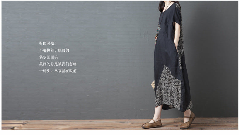 2024 summer new literary loose splicing printing cotton and linen round neck short-sleeved dress women's medium and long #1833 #