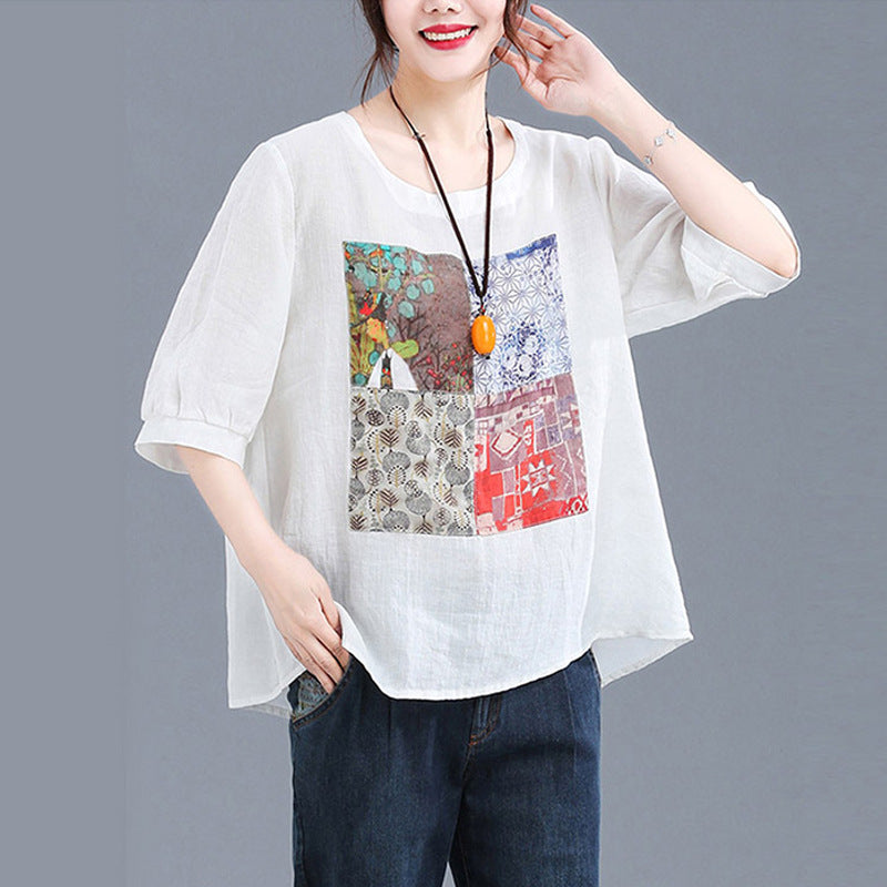 Real shot 2024 summer new literary loose collage cotton and linen printing crew neck short-sleeved top T-shirt women's clothing 9961 #
