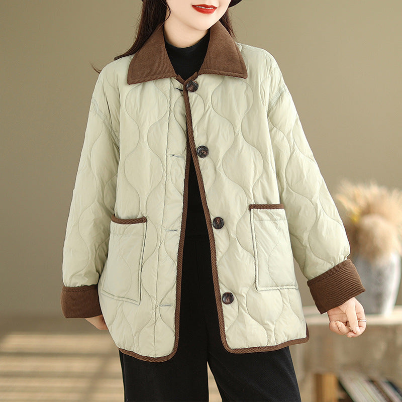 Real shot 2025 autumn and winter new light and short contrasting color lapel rhombus padded jacket women's cotton-padded clothes #1026
