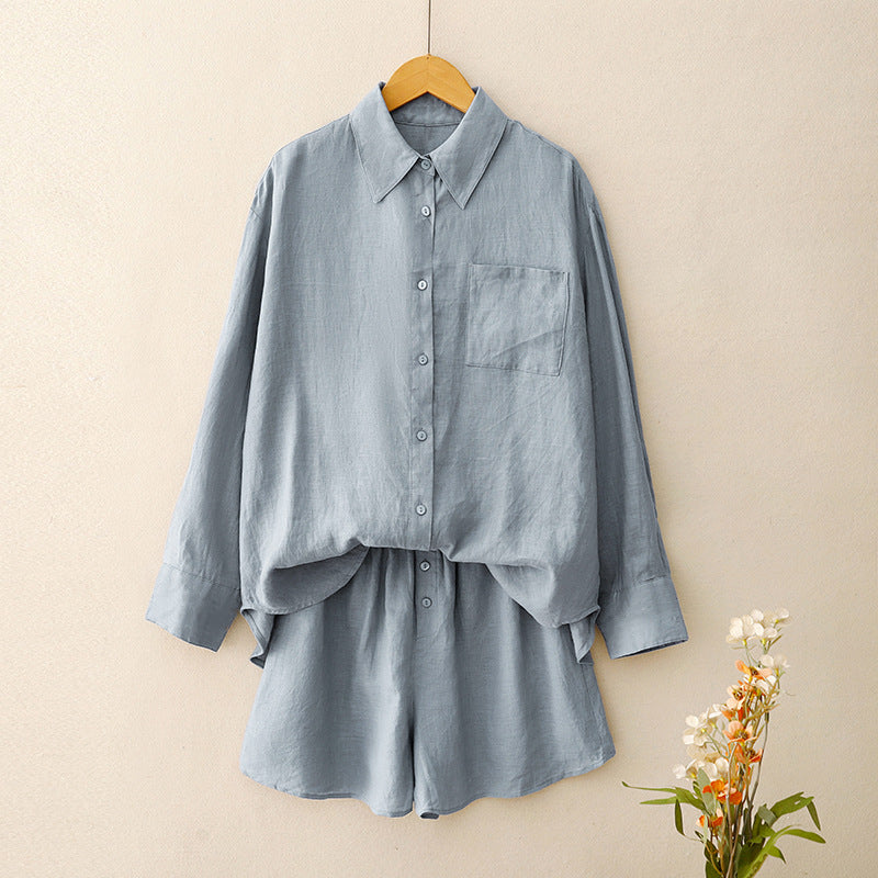 Real shot 2025 summer new shirt women's slack sunscreen shirt + shorts two-piece set women's