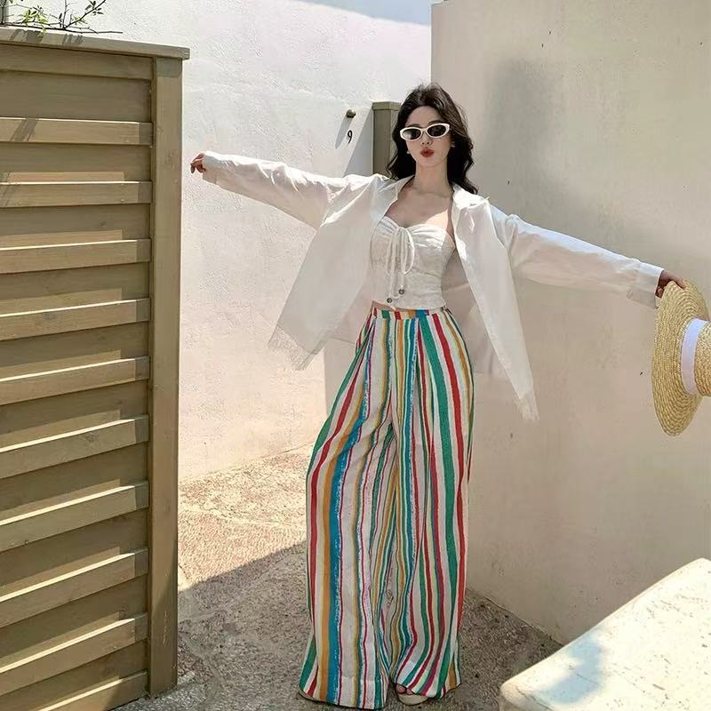 Dopamine Rainbow Stripe High Waist Mopping Casual Pants Women's Summer Seaside Vacation Loose Wide Leg Pants