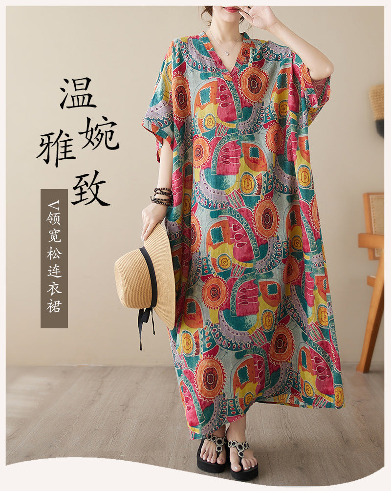 Real shot 2023 summer thin V-neck cotton and linen large size loose literary and retro vacation wind beach dress women