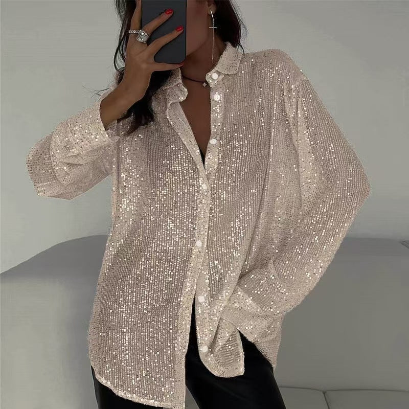 2025 spring and summer Europe and the United States new bead top lapel long-sleeved cardigan basic cross-border women's shirt jacket