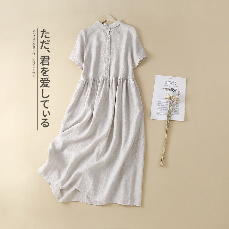 Real shot 2025 summer new literary loose splicing solid color cotton and linen short-sleeved dress women's medium and long shirt skirt