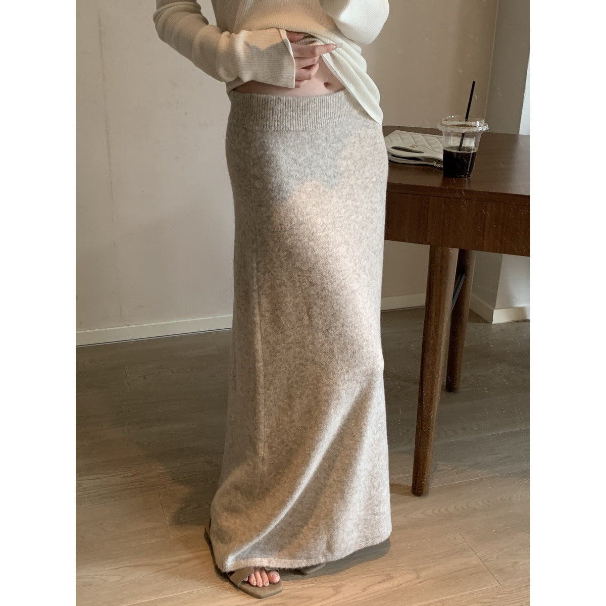 Knitted skirt women's 2025 autumn and winter high waist and thin casual versatile and thin drape long a-shaped skirt