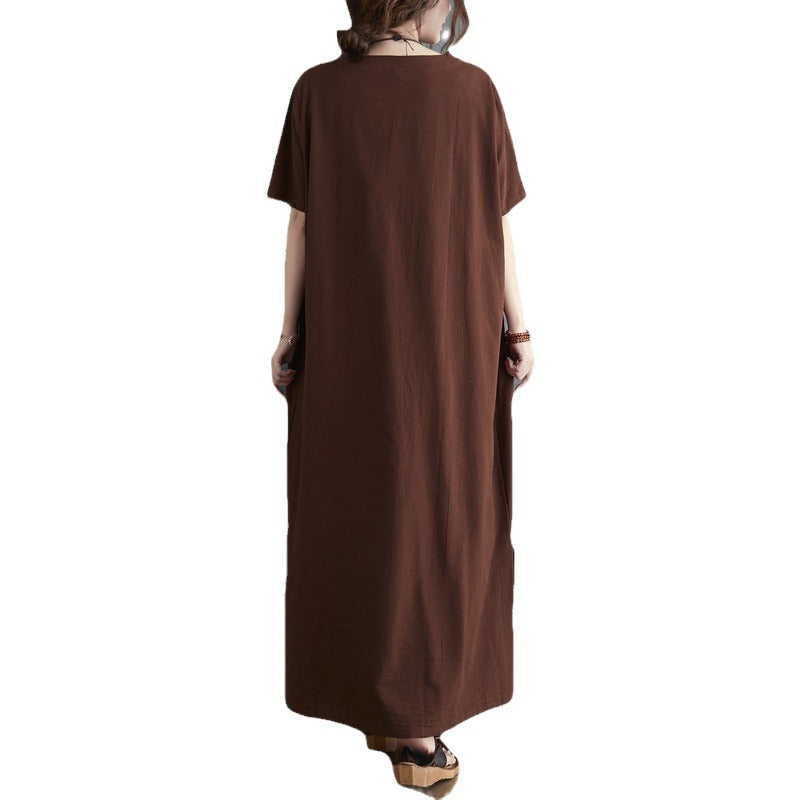 The real shot is in the summer of 2025, the new literary large size loose solid color V-neck short-sleeved dress, women's long dress 6385 #