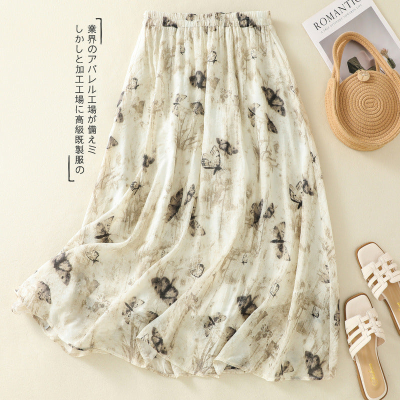 Real shot 2025 summer new new Chinese skirt women's ink printing lined a-word skirt women's clothing