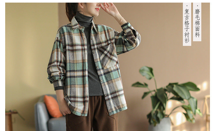 2024 autumn new literary and retro loose polished cotton plaid long-sleeved thin shirt top women's 9260