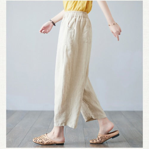 Real shot 2025 summer new loose splicing solid color cotton and linen elastic waist Harlan pants nine-point pants women's 1237 #