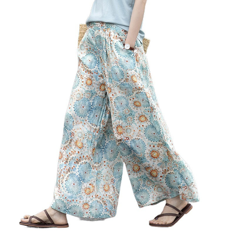 2025 summer new literary and retro printing loose wide-leg pants nine-point casual culottes women #5332