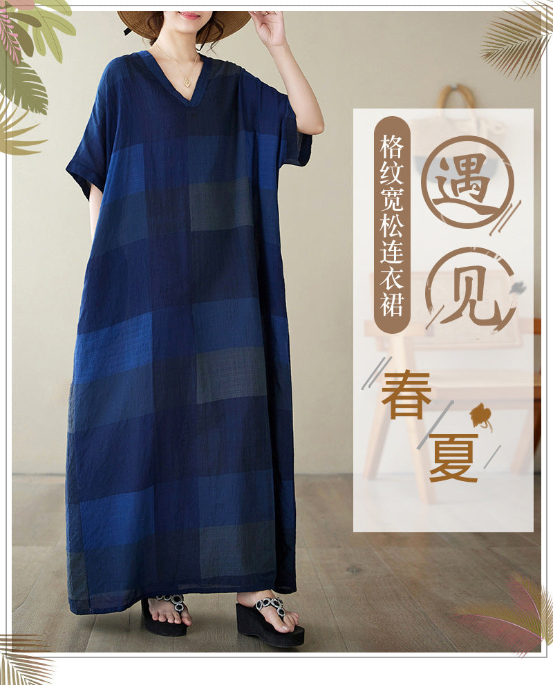 Real shot 2024 summer new V-neck cotton and linen large size loose literary holiday style medium and long beach dress women
