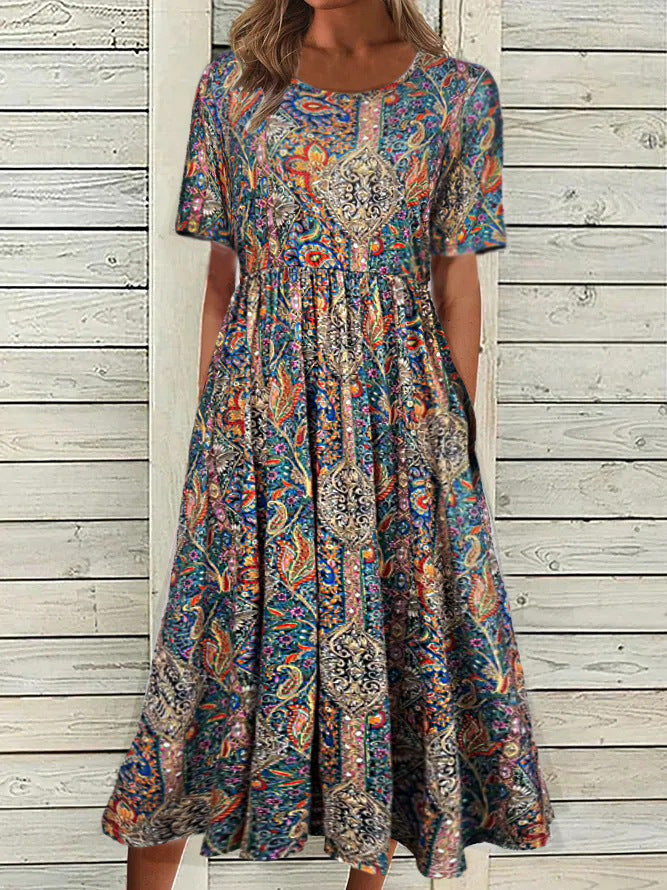 2025 Europe, America, Amazon summer new women's round neck short-sleeved long dress bohemian print dress women