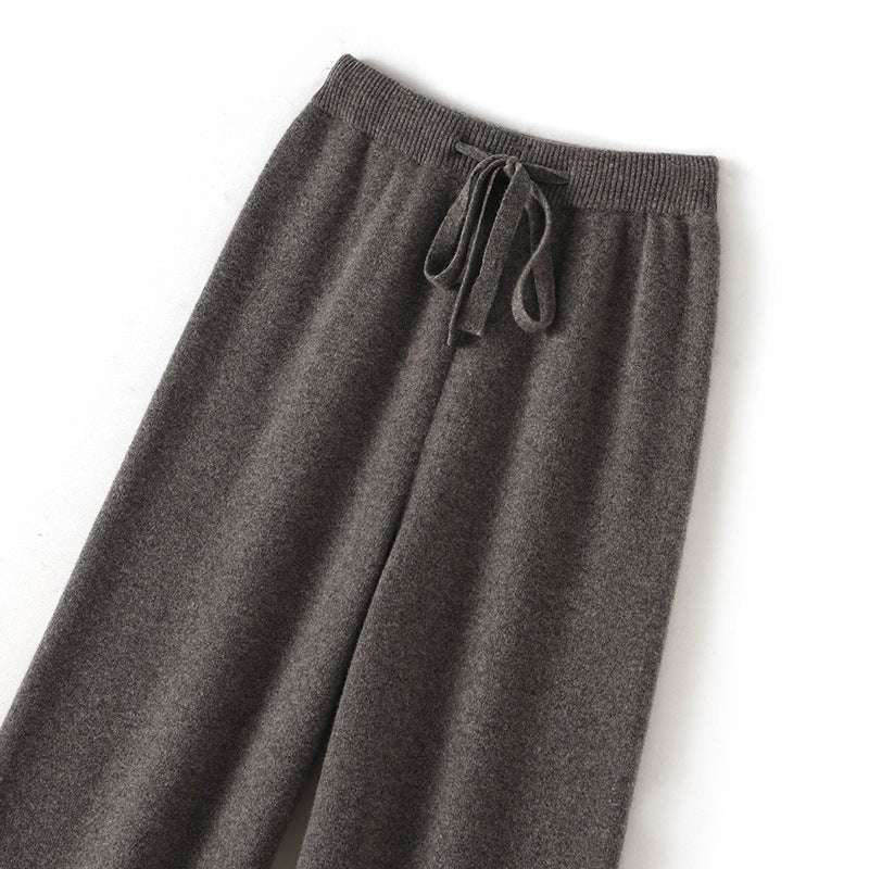 Autumn and winter 100% wool knitted wide-leg pants women's high-waisted thickened drape cashmere straight-leg small fleece floor pants