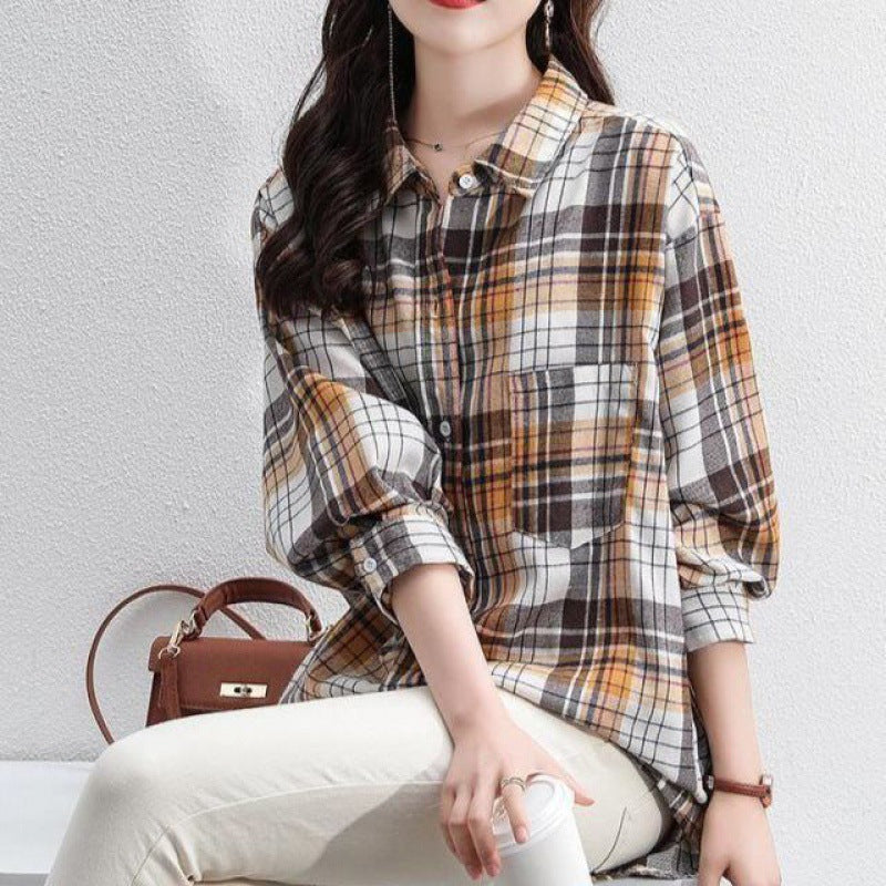 Spring 2024 new polished plaid long-sleeved Korean version loose retro medium and long shirt top women