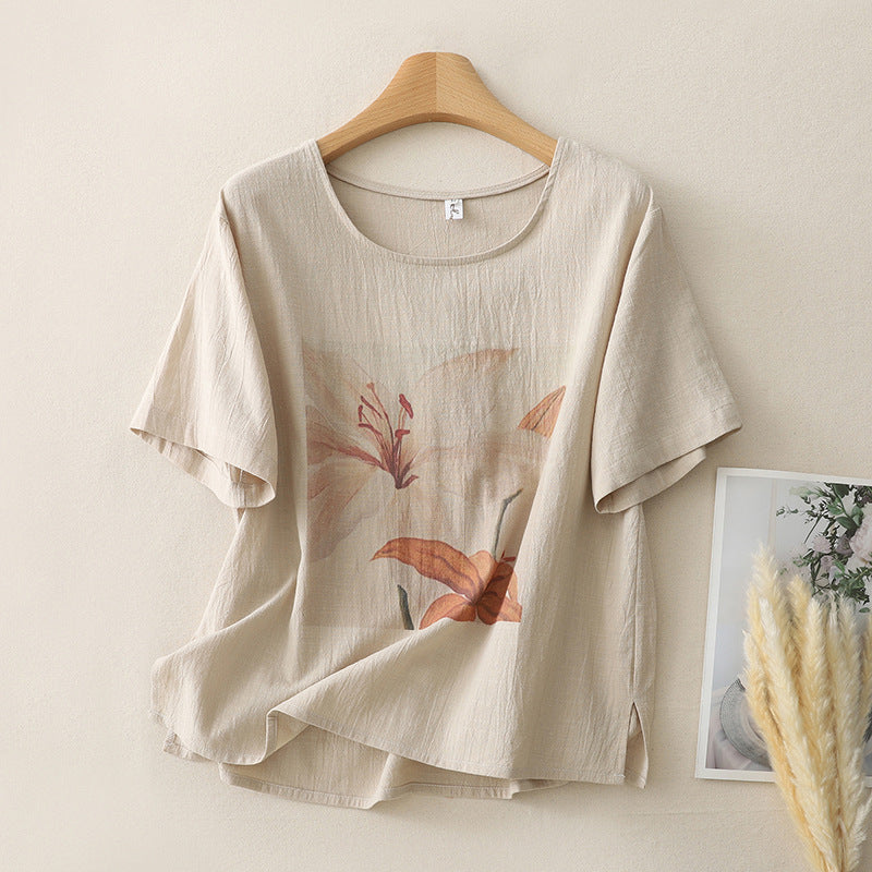 Real shot 2025 summer new cotton and linen literary and retro printing loose casual short-sleeved top T-shirt women
