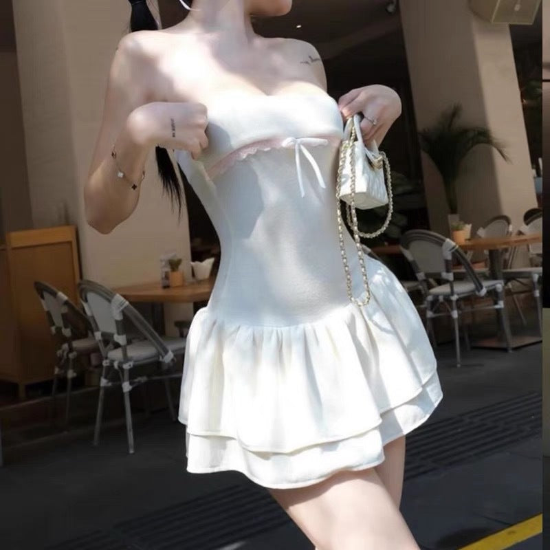 European and American style 2025 summer new women's clothing contrasting color splicing one-word collar chest-wrapped ruffle edge slim-fitting waist dress