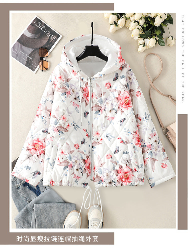 Real shot 2025 winter new hooded cotton clothes women's printing design white coat to keep warm