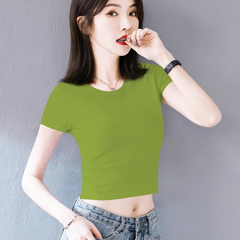 Summer Dopamine Wear Sweet and Spicy White High Waist Navel Short T-Shirt Women's Short Sleeve Skinny Beautiful Chic Top