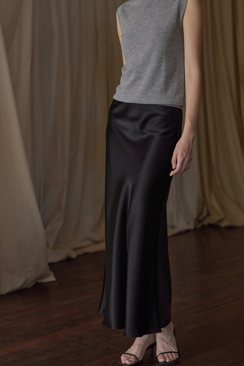 Japan imported triacetic acid satin water ripple satin 45 degree oblique cut solid color long fishtail a word skirt women