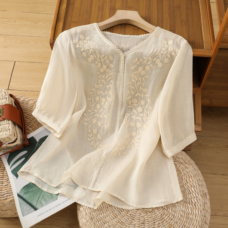 Real shot 2025 summer thin cotton and linen embroidery literary loose V-neck T-shirt shirt top women's clothing