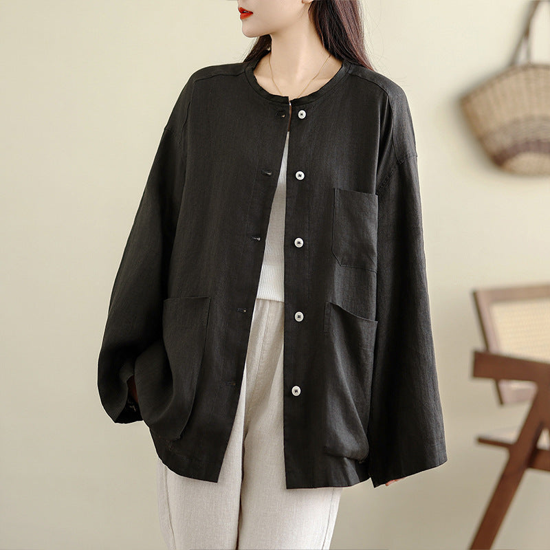 Real shot 2025 autumn new cotton and linen literary loose tooling round neck simple casual top jacket women
