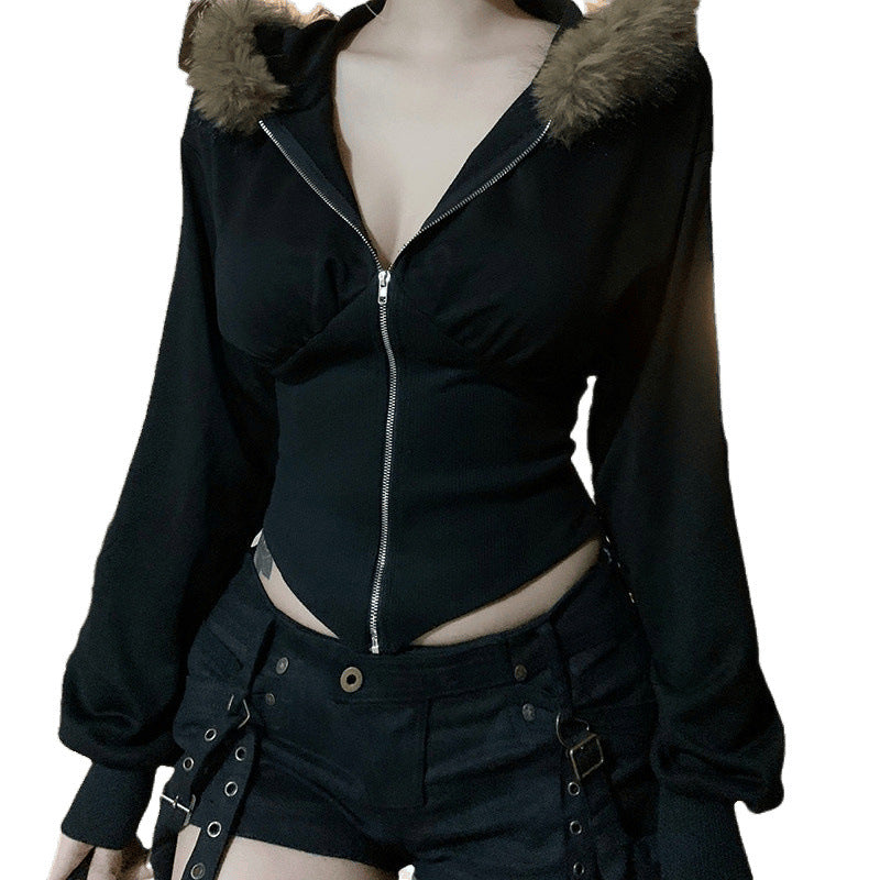 Love cloth forget hair fur collar hooded waist thin zipper jacket waist design Spice girl slim fit versatile sweater