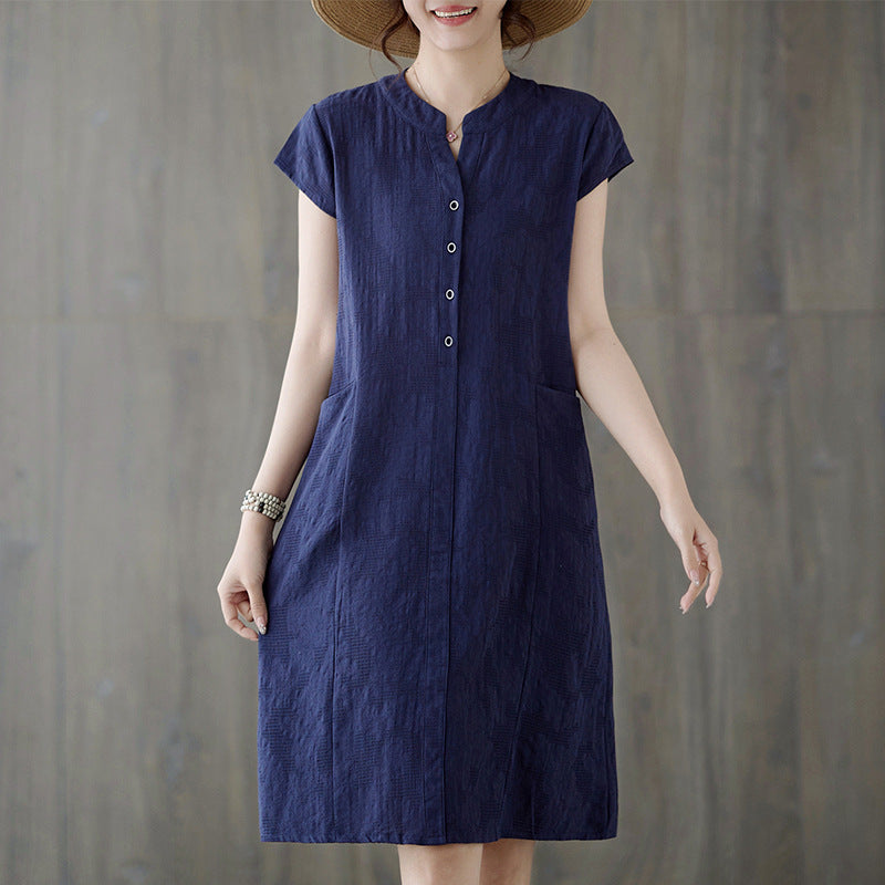 Real shot 2025 summer new literary loose jacquard cotton and linen stand-up collar short-sleeved dress women's medium and long #9658