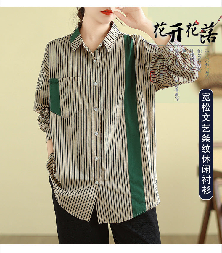 Real shot 2025 autumn new literary loose splicing contrasting color striped long-sleeved shirt women's casual shirt top
