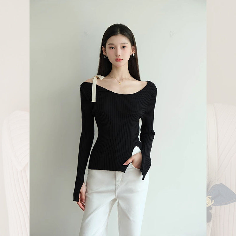 Pink irregular one-word shoulder long-sleeved knitted sweater women's spring and autumn short bottoming shirt temperament with split top