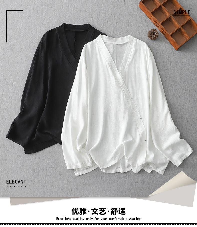 2025 retro cotton and linen Chinese style women's Zen tea clothes Buddhist diagonal top large size Buddhist suit yoga shirt women