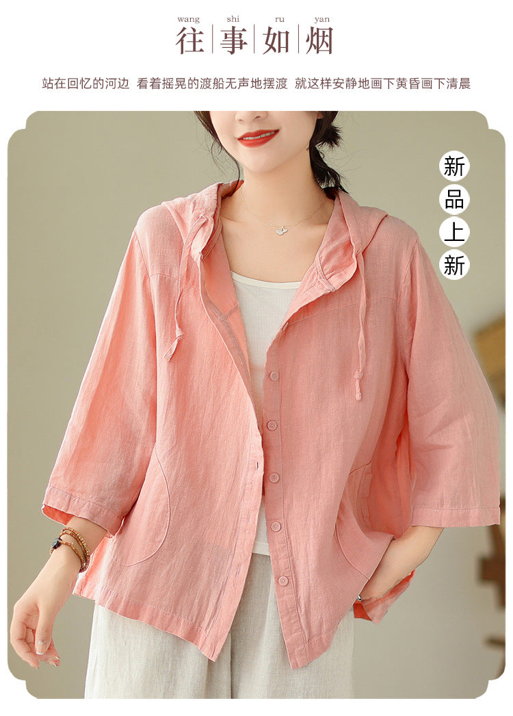 Real shot 2025 spring new literary loose solid color hooded nine-quarter sleeve shirt women's shirt top #9338