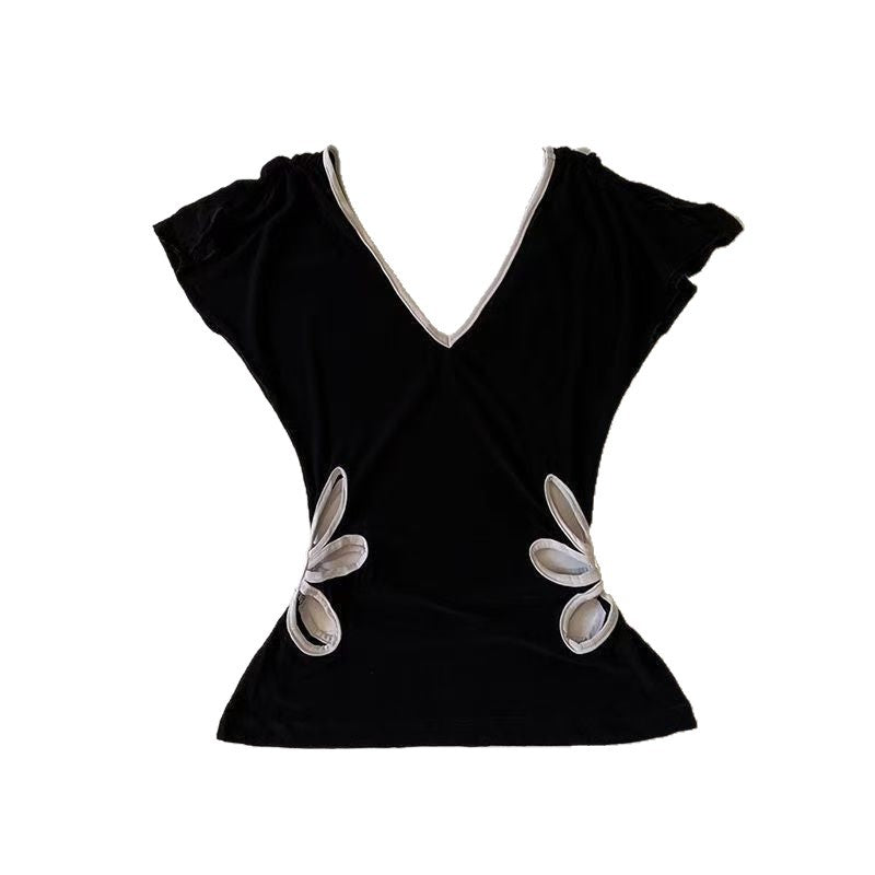 Amazon cotton material American retro slim V-neck hollow flower sleeveless T-shirt women's niche design waist top