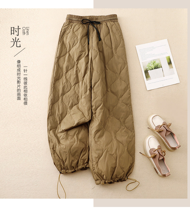 Real shot 2025 winter new literary lace-up elastic waist rhombus pressing line windproof warm long cotton pants women's outer wear