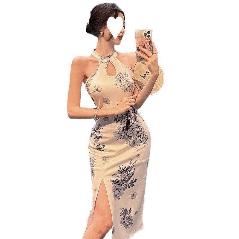 Improved cheongsam, young temperament, retro printing, daily wear, medium and long sexy hip-wrapped dress, summer