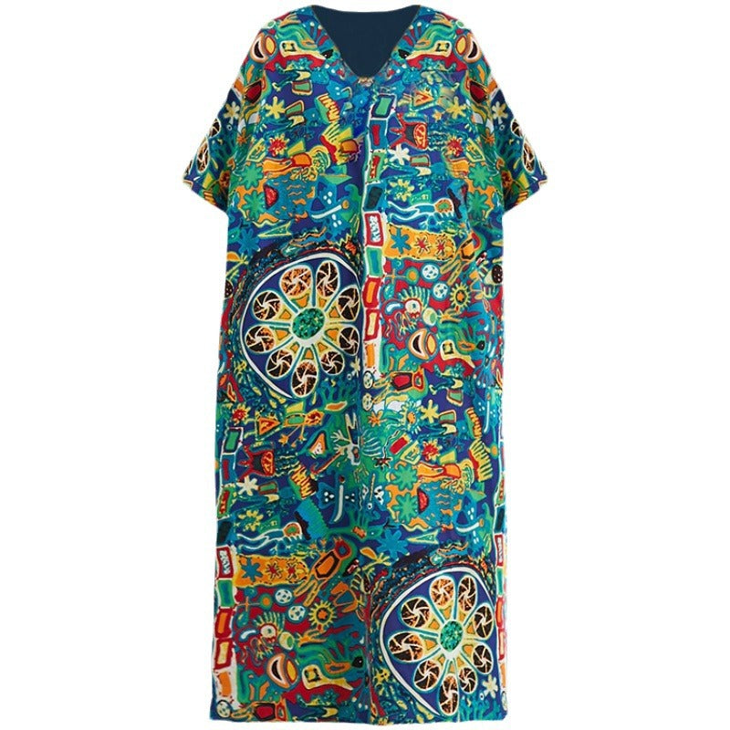 Real shot 2025 summer new literary large size loose cotton and linen printing V-neck short-sleeved dress women's clothing 1820 #