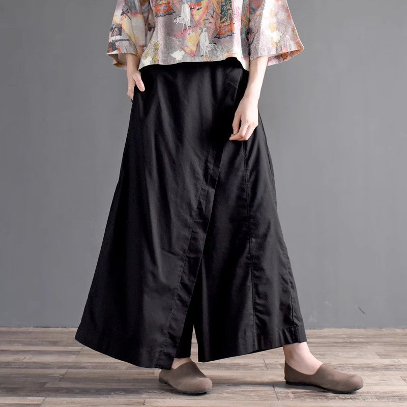 In the summer of 2024, the new cotton and linen literary loose large-size wide-leg pants with elastic waist and irregular swing skirt pants for women