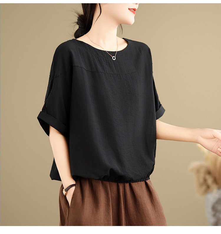 2025 summer new literary and retro loose splicing solid color round neck short-sleeved T-shirt women's top #8593