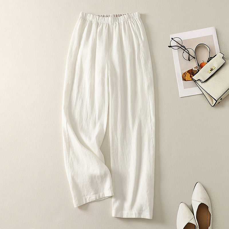 Real shot 2025 autumn new literary loose solid color cotton and linen elastic waist straight pants women's casual trousers #9539