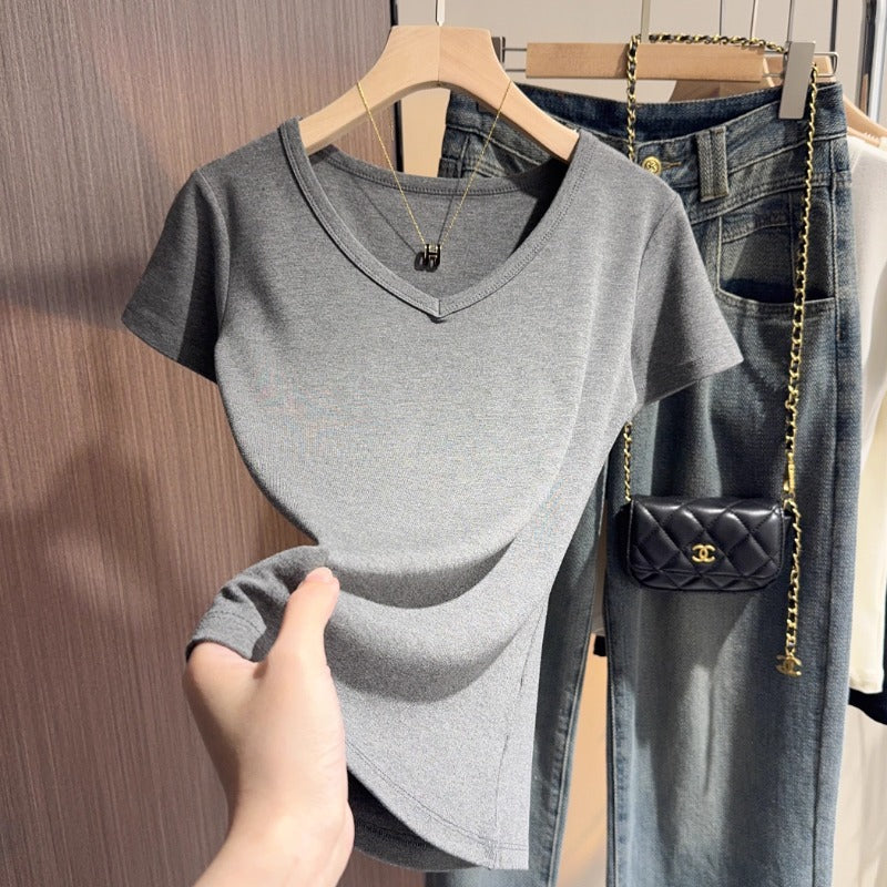 Black v-neck t-shirt women's short-sleeved front shoulder versatile summer new high-end bottoming shirt collarbone temperament Korean top