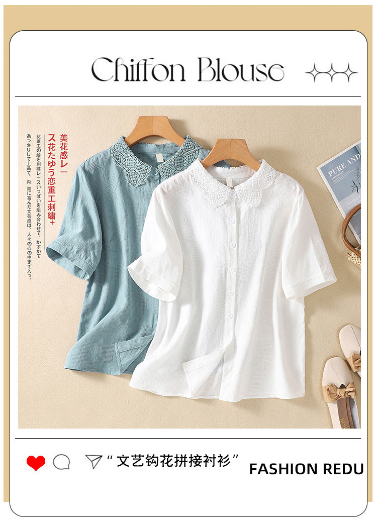 Real shot 2025 summer new literary loose solid color cotton and linen jacquard short-sleeved shirt blouse top #6616 #