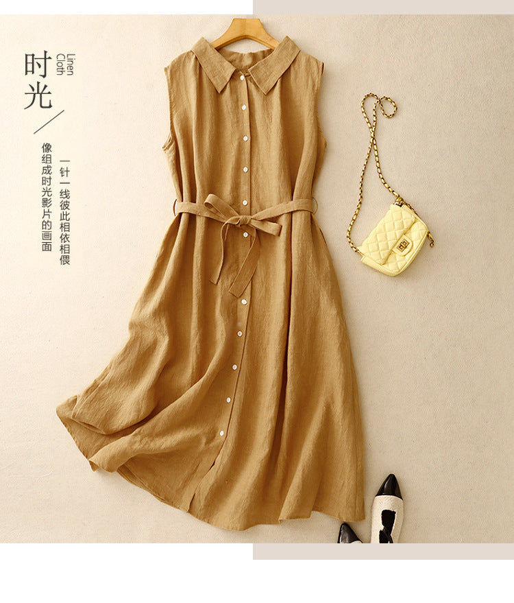 2025 summer new literary loose and thin lace-up medium and long sleeveless shirt dress women's clothing
