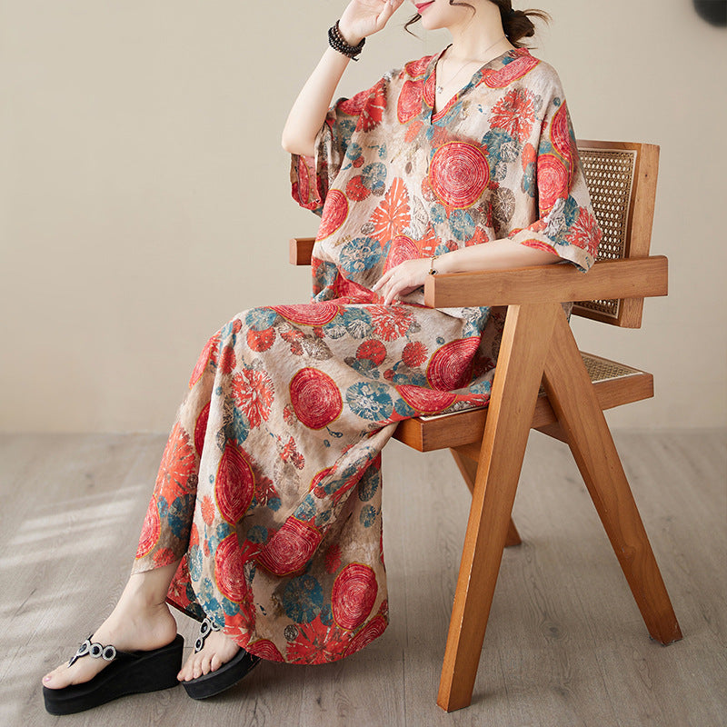 Real shot 2024 summer thin V-neck cotton and linen large size loose medium and long literary holiday wind beach dress women