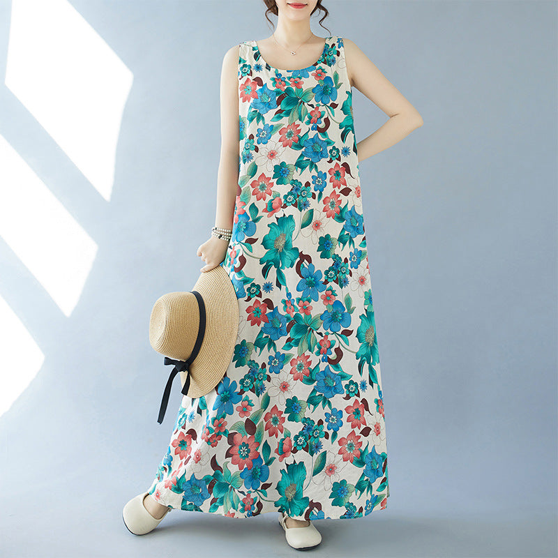 2024 real shot summer new bohemian fattened plus sleeveless crew neck printed medium and long dress women