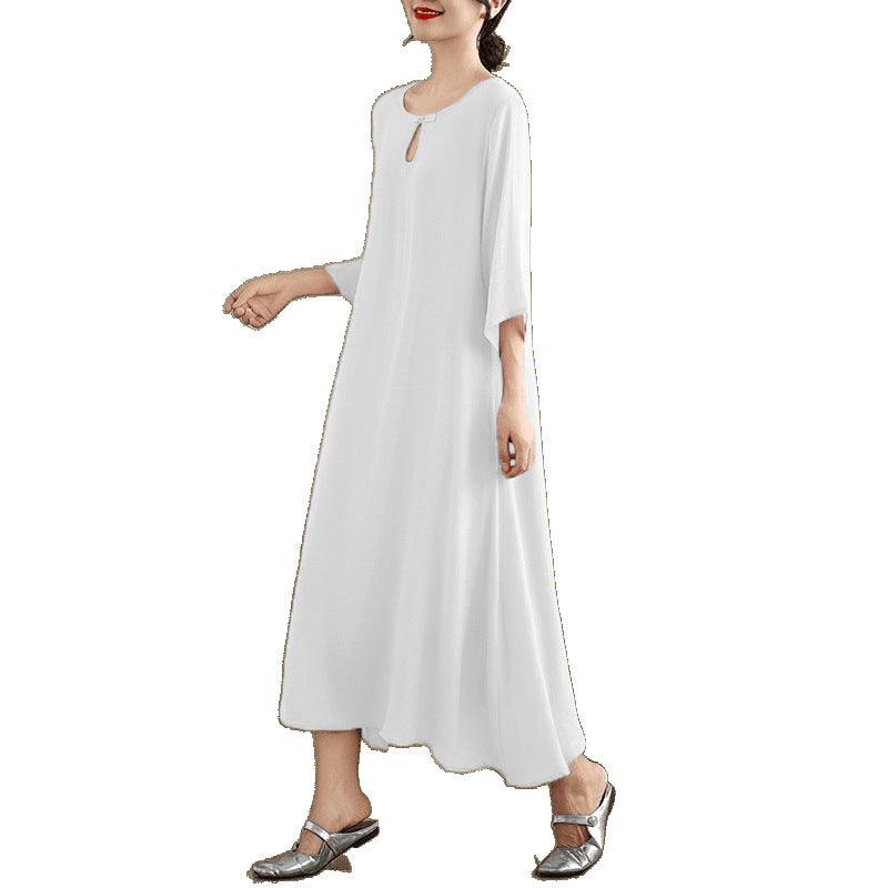 2025 summer loose large size seven-quarter sleeve round neck medium and long solid color dress simple A-shaped dress women
