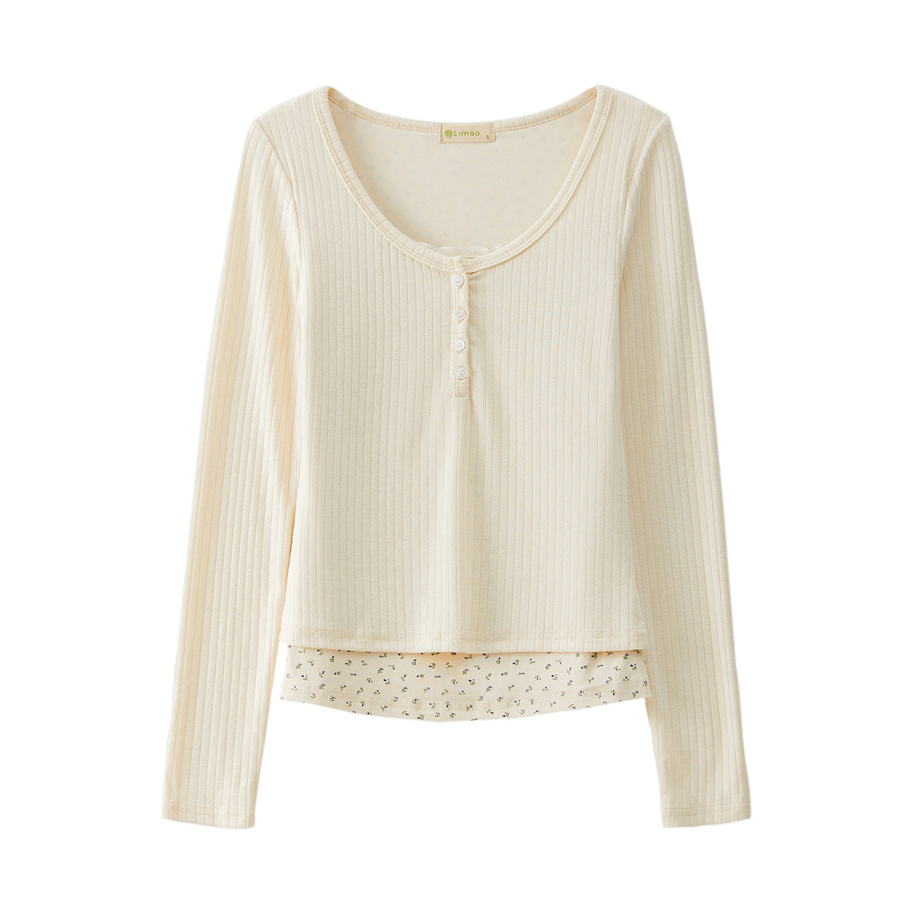 #Excellent selection #Fake two-piece splicing floral lace edge long-sleeved T-shirt women's design sense foreign style retro top