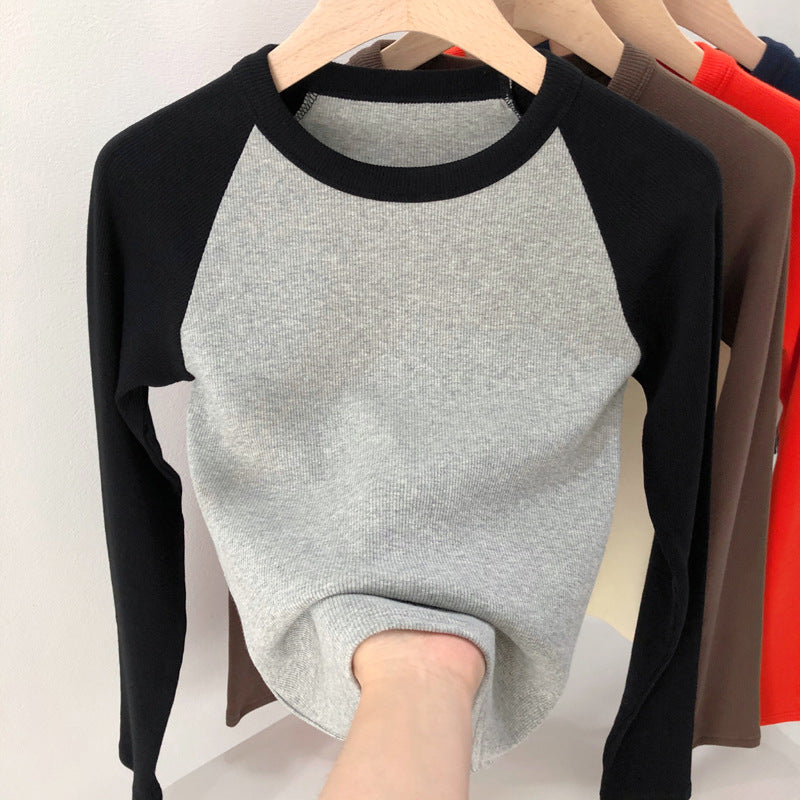 甄选优棉高弹螺纹2026秋冬装新款复古撞色插肩高腰长袖T恤女上衣