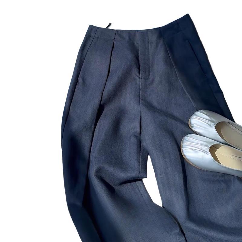 Fried chicken recommended! Old money style navy blue casual pants summer high waist pleated fashion non-stick legs linen suit pants