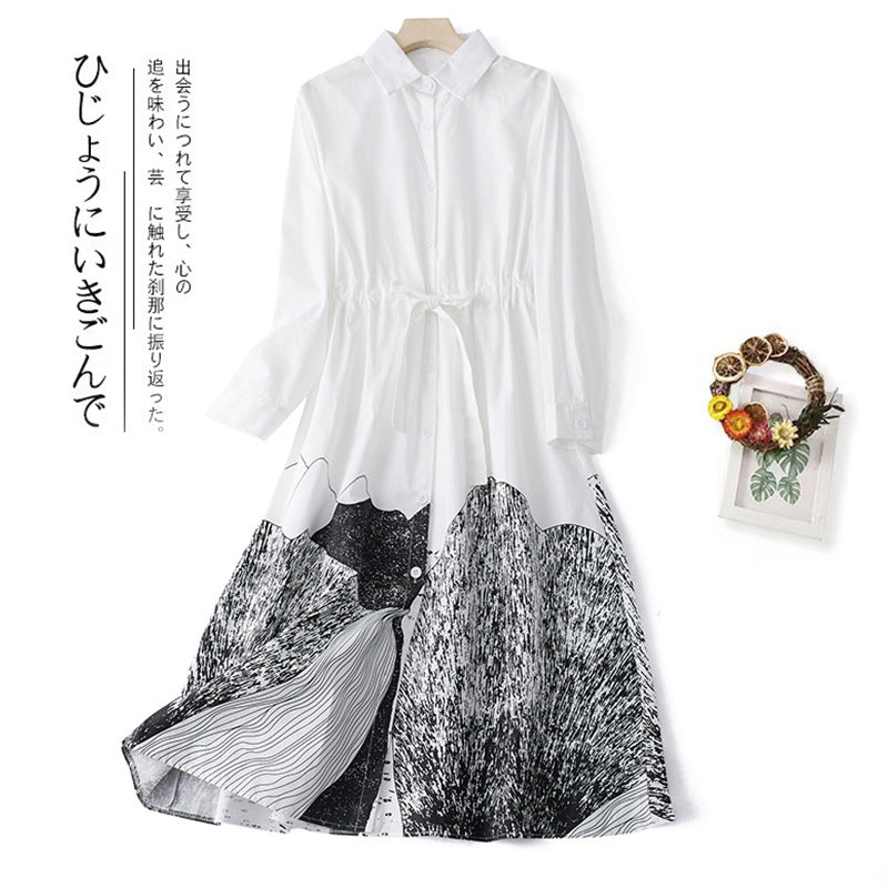 Real shot 2025 autumn new literary large size loose and thin printing long-sleeved dress women's clothing shirt skirt 301 #
